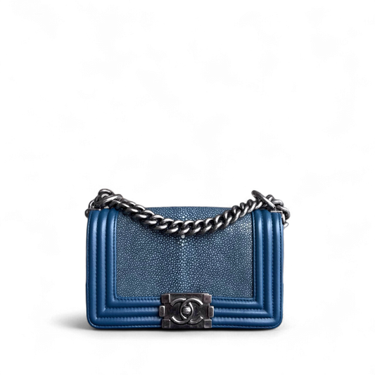Chanel Boy Small - Small Galuchat Stingray Blue Ruthenium Silver Hardware Series 16