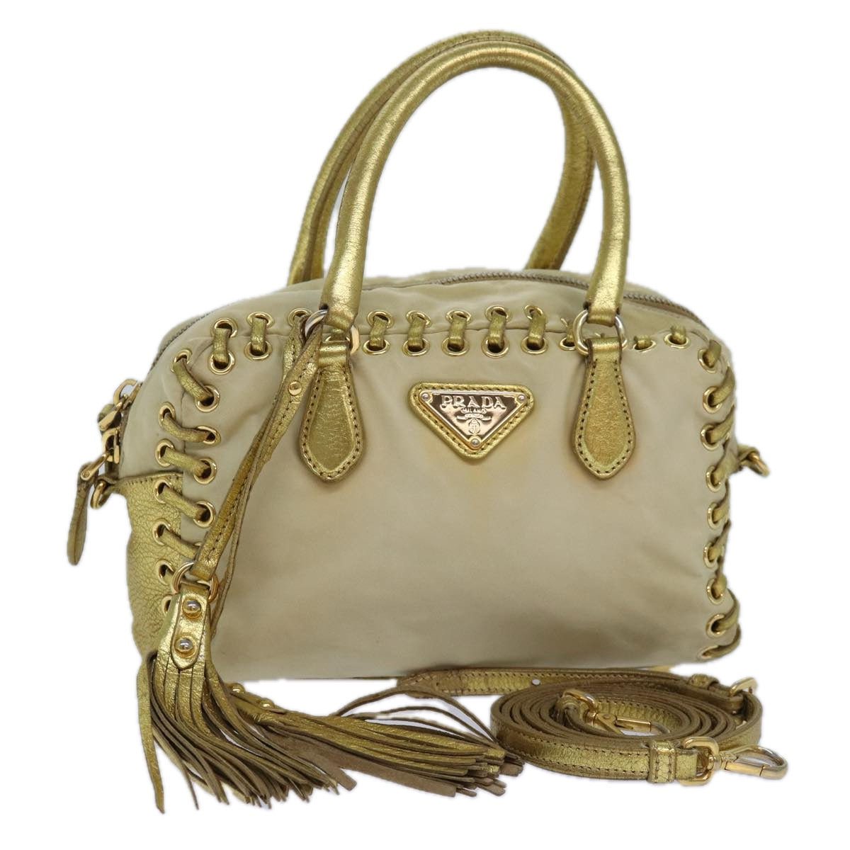 PRADA Hand Bag Nylon 2way Beige Gold Auth