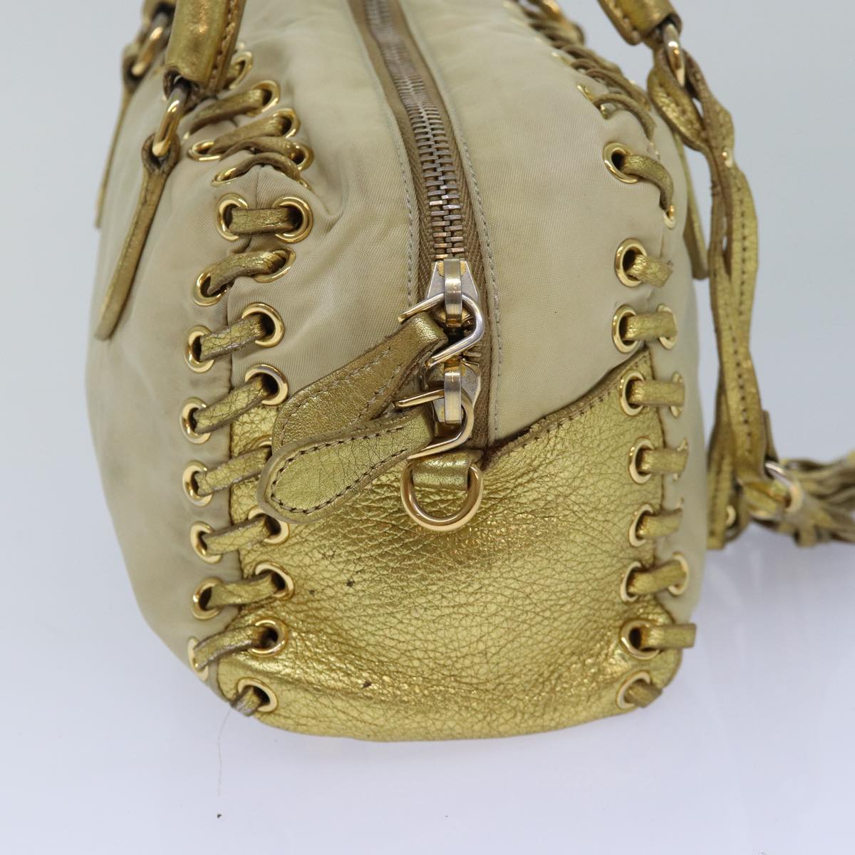 PRADA Hand Bag Nylon 2way Beige Gold Auth
