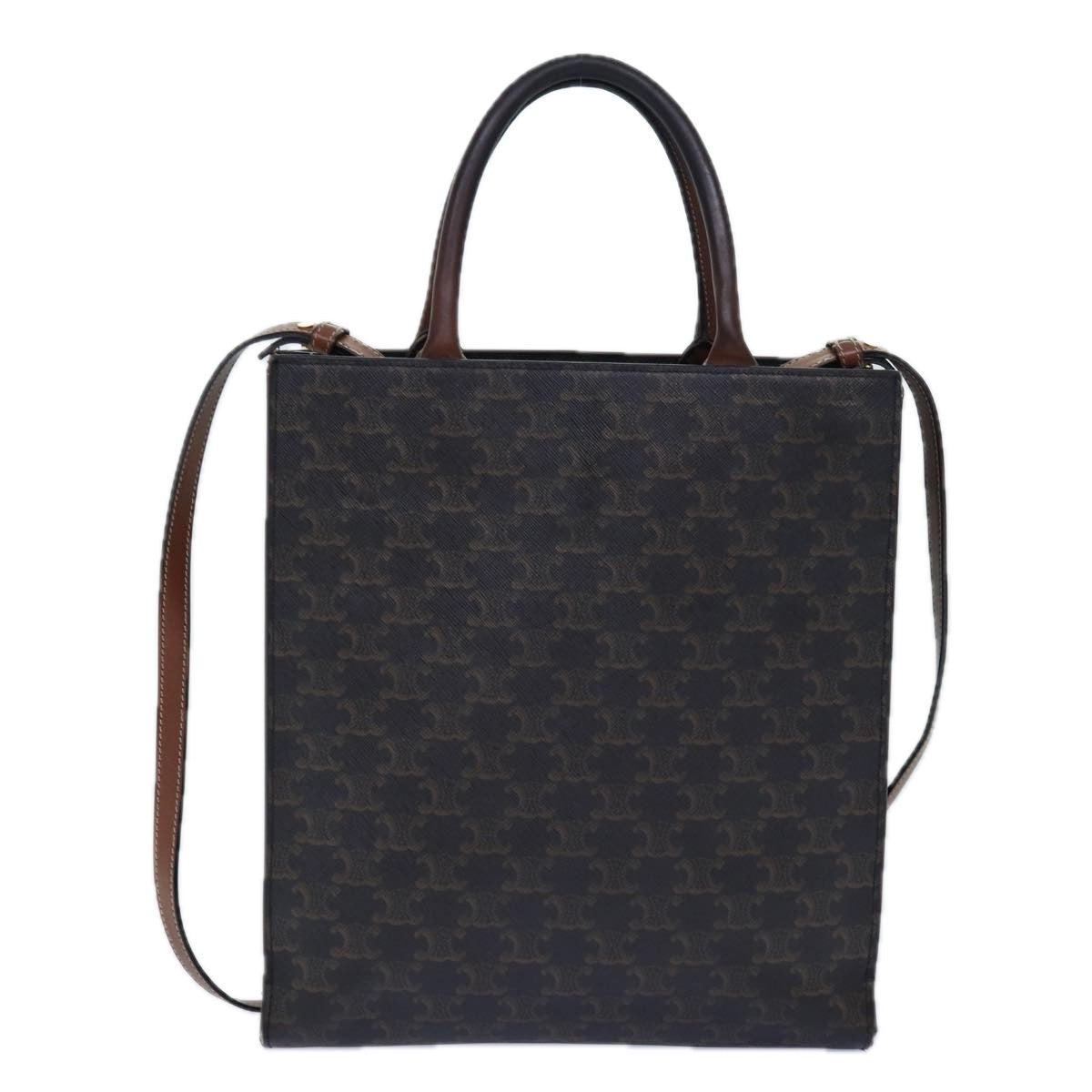 Luxury CELINE Triomphe Canvas Hand Bag PVC 2way Black Gold Auth 85281