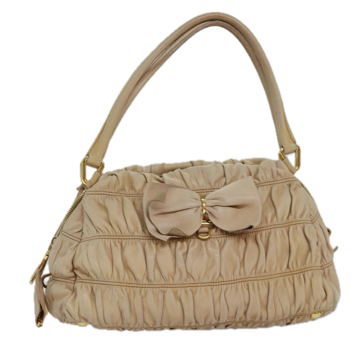 PRADA Hand Bag Nylon Beige Gold Auth