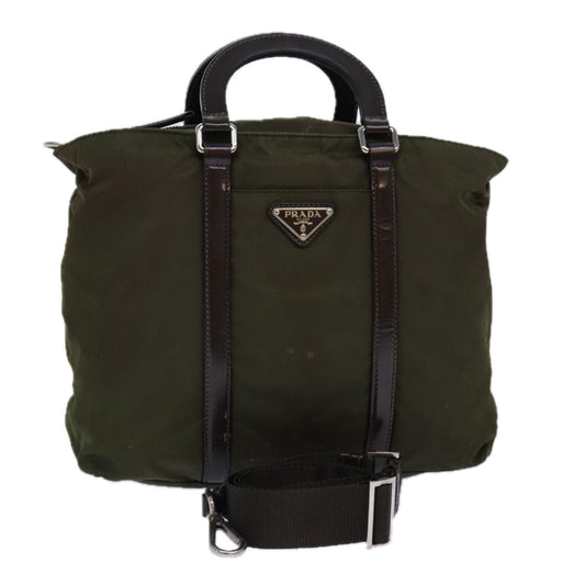 PRADA Hand Bag Nylon 2way Khaki Silver Auth
