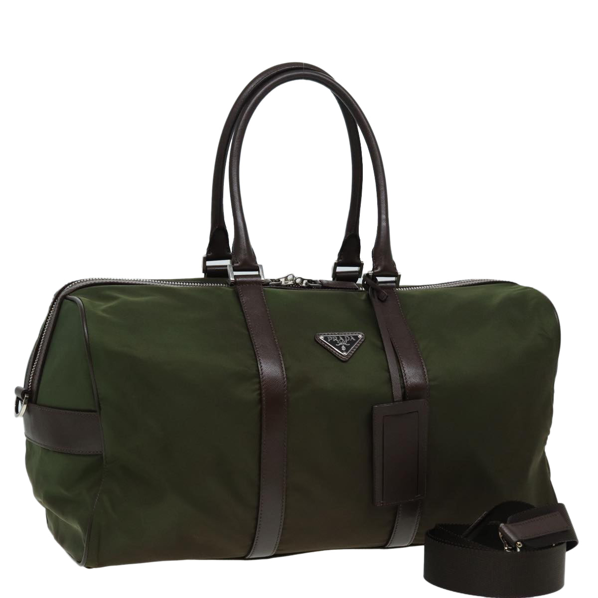 PRADA Boston Bag Nylon Khaki Silver Auth