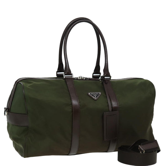 PRADA Boston Bag Nylon Khaki Silver Auth