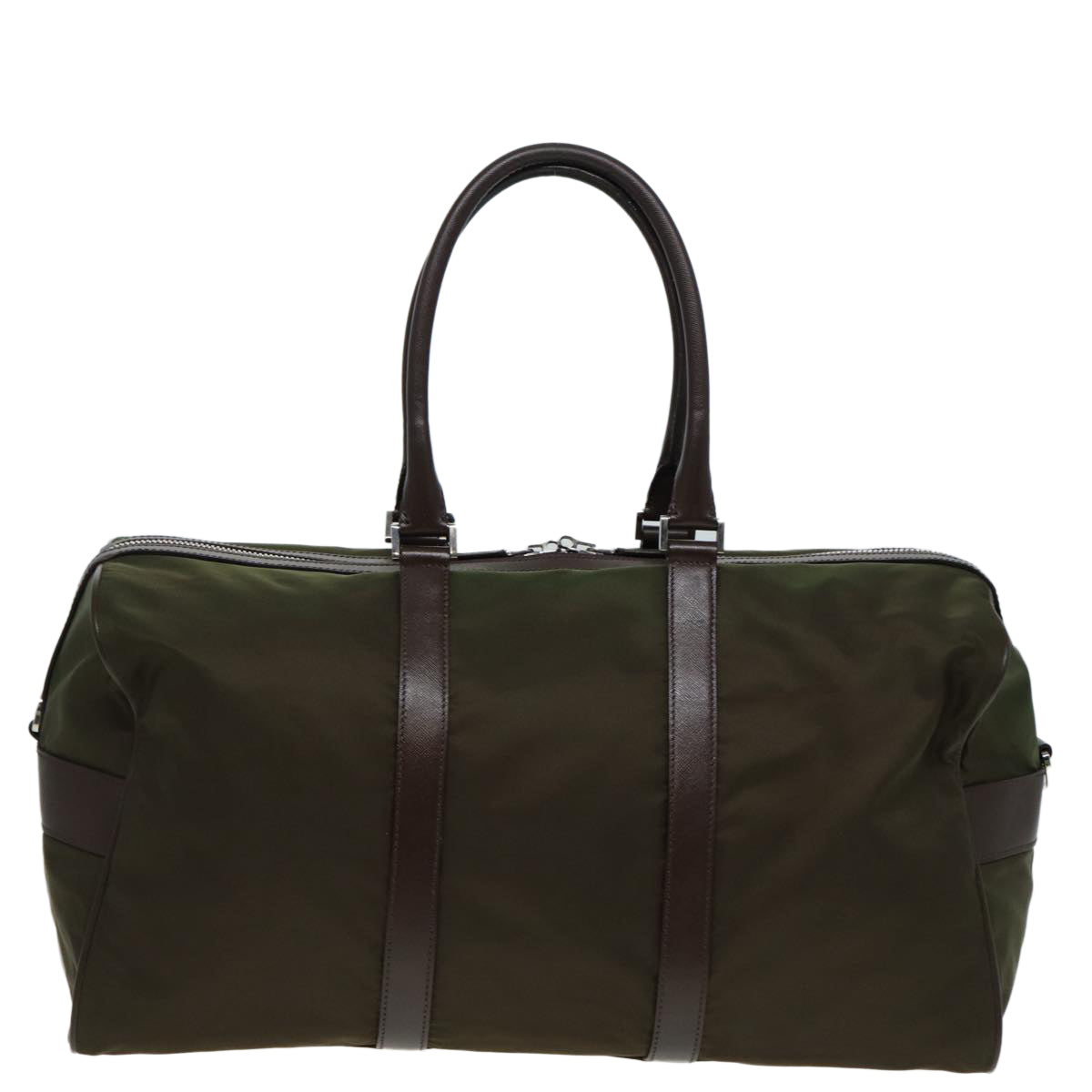 PRADA Boston Bag Nylon Khaki Silver Auth