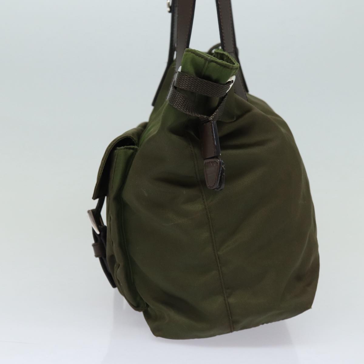 PRADA Tote Bag Nylon Khaki Brown Silver Auth