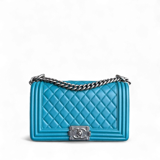 Chanel Boy Medium - 25CM Quilted Lambskin Blue Silver Hardware Series 19