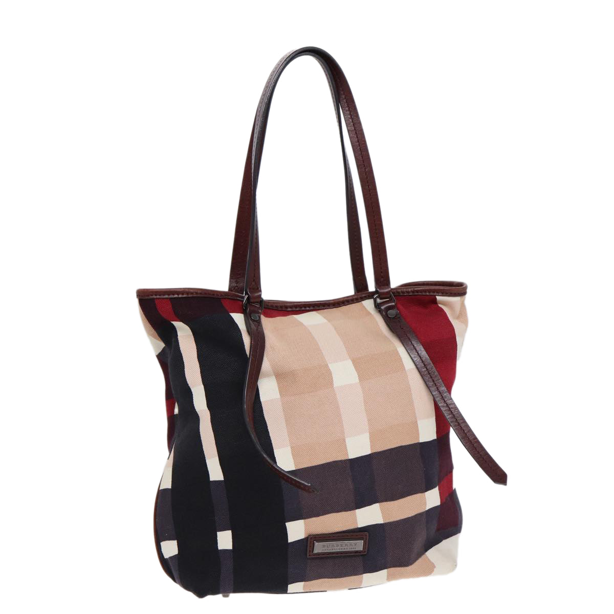Burberry Nova Check Tote Bag Canvas Beige Silver Auth 86181