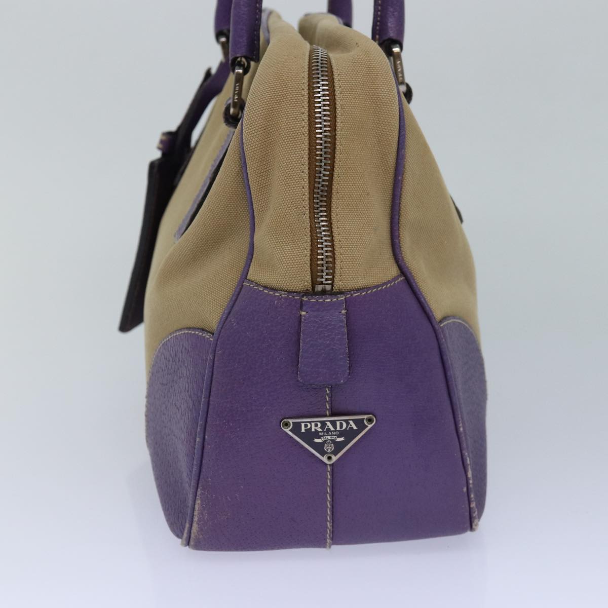 PRADA Hand Bag Canvas Beige Silver purple Auth