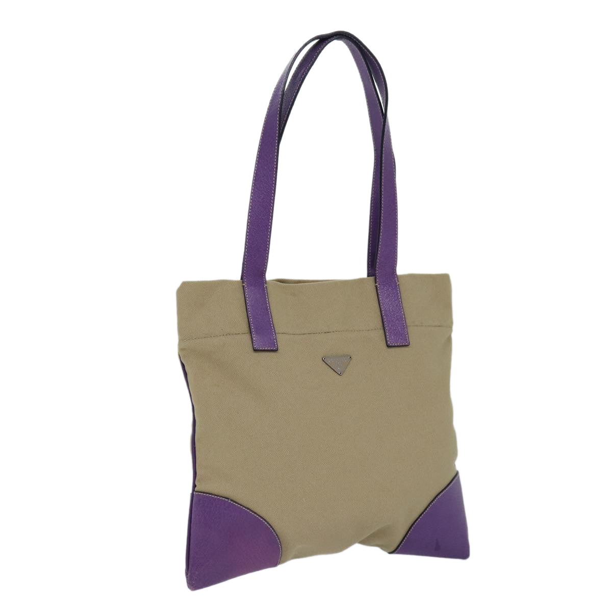 PRADA Hand Bag Canvas Beige Purple Silver Auth