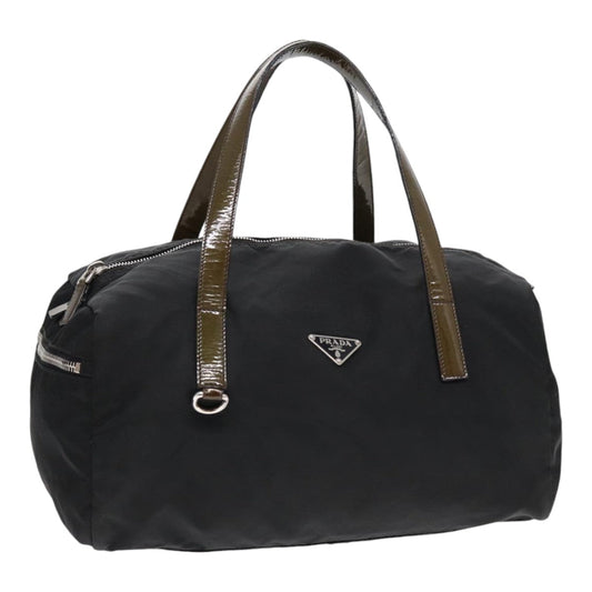 PRADA Hand Bag Nylon Enamel Black Khaki Silver Auth