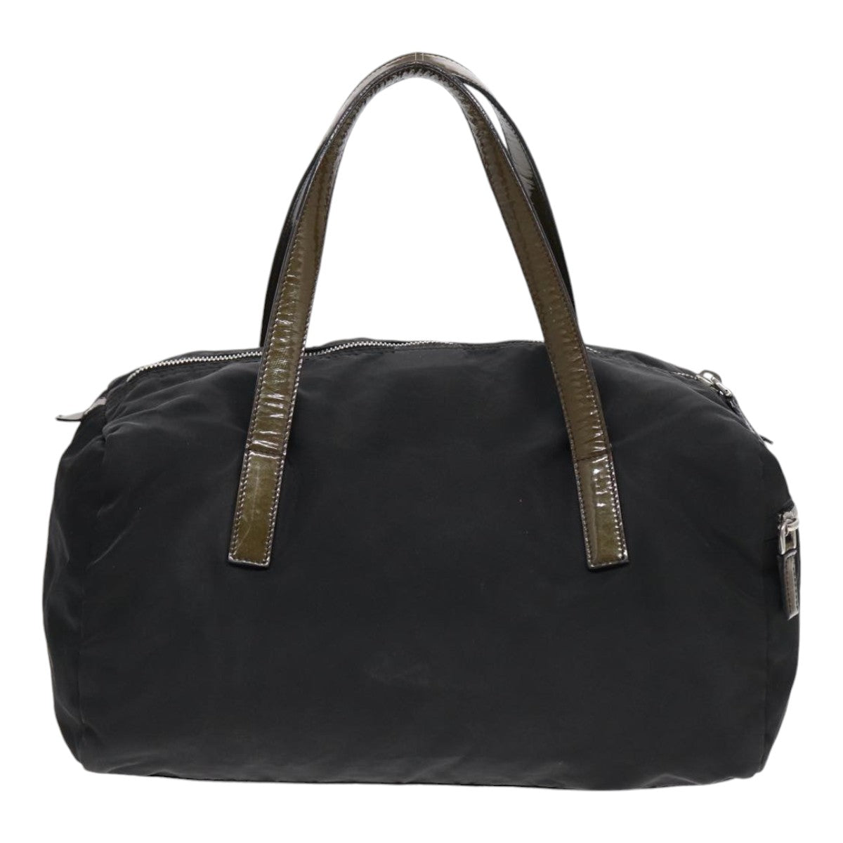 PRADA Hand Bag Nylon Enamel Black Khaki Silver Auth