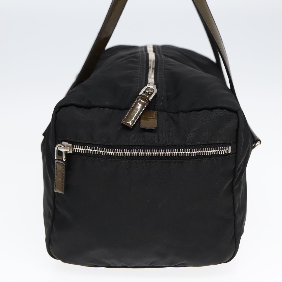 PRADA Hand Bag Nylon Enamel Black Khaki Silver Auth