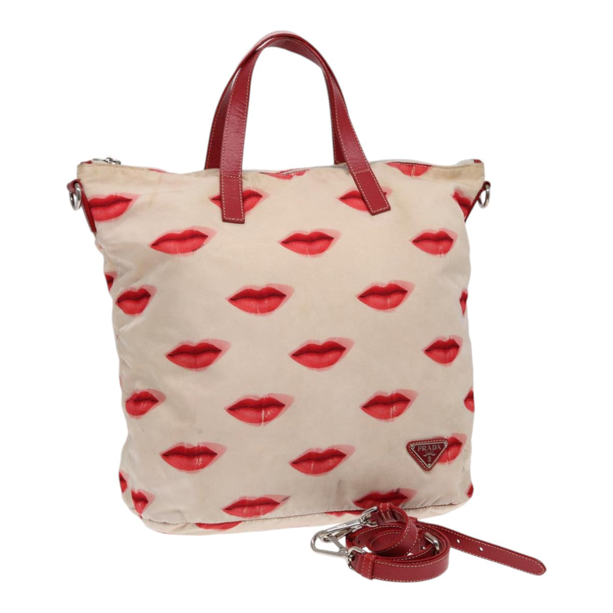 PRADA Tote Bag Nylon 2way Beige Red Silver Auth