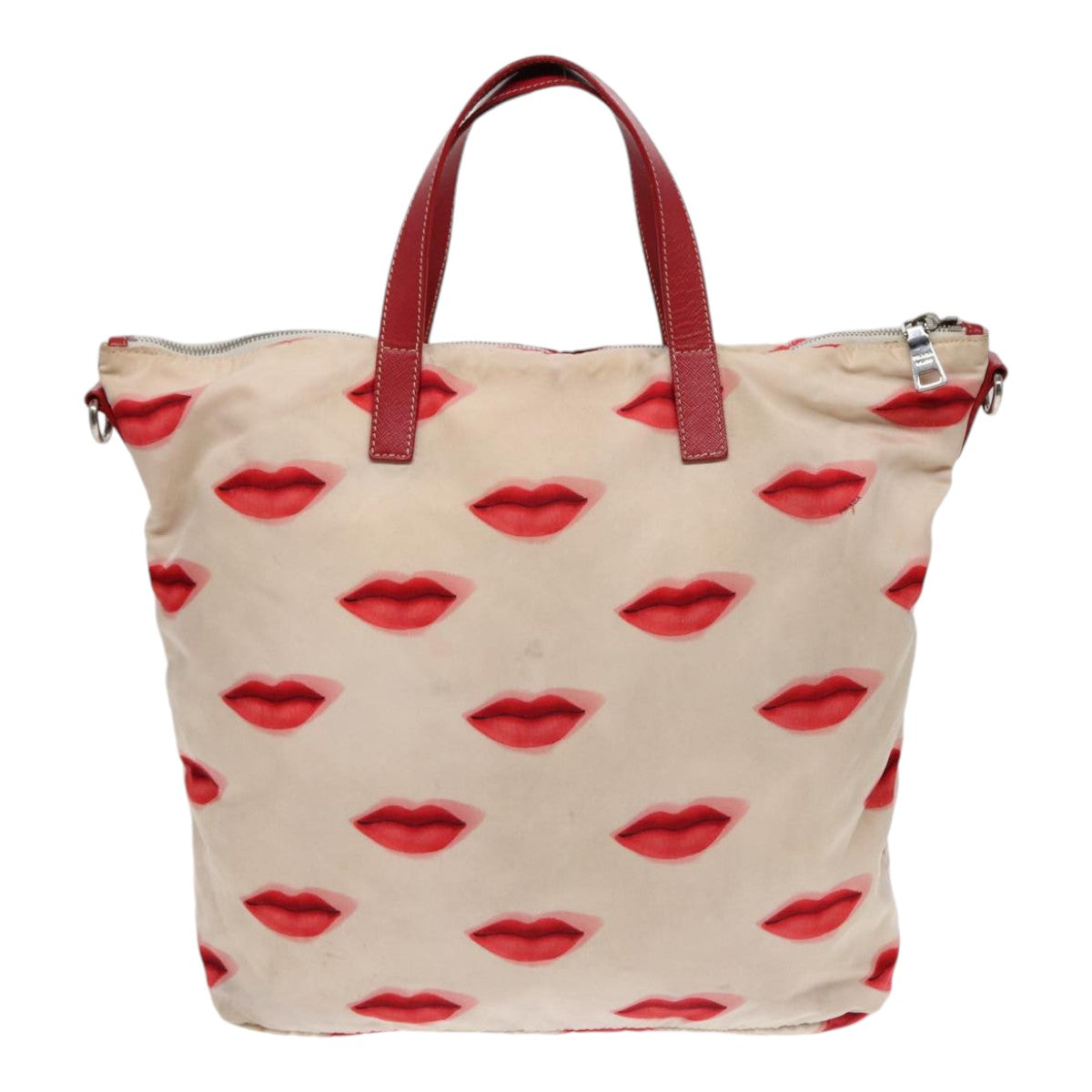 PRADA Tote Bag Nylon 2way Beige Red Silver Auth