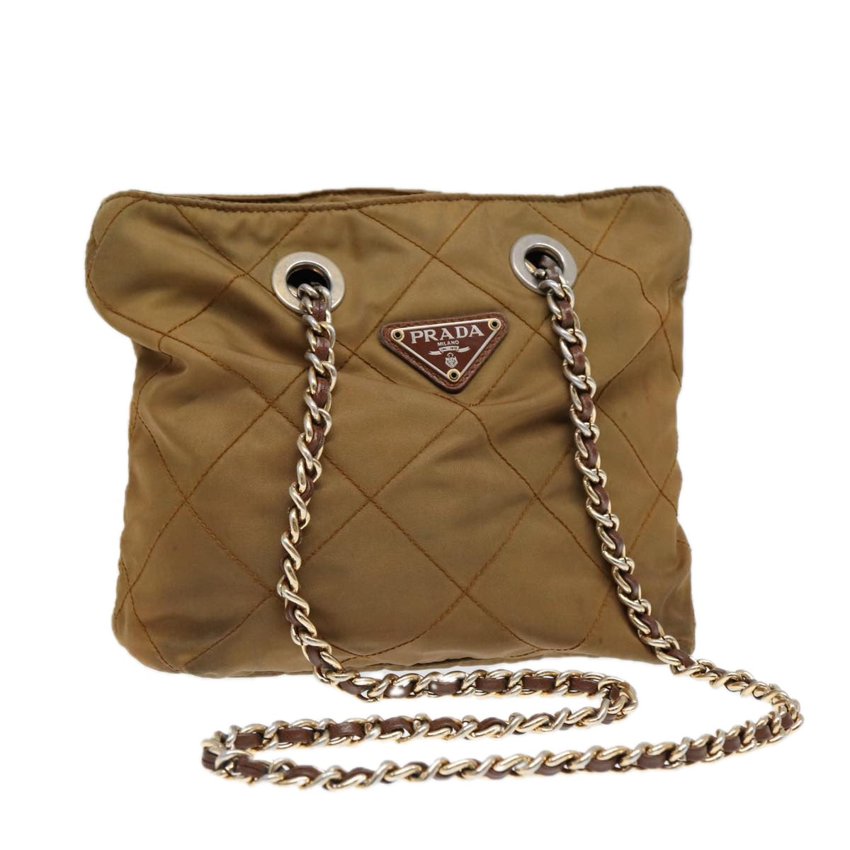 PRADA Chain Shoulder Bag Nylon Khaki Gold Auth