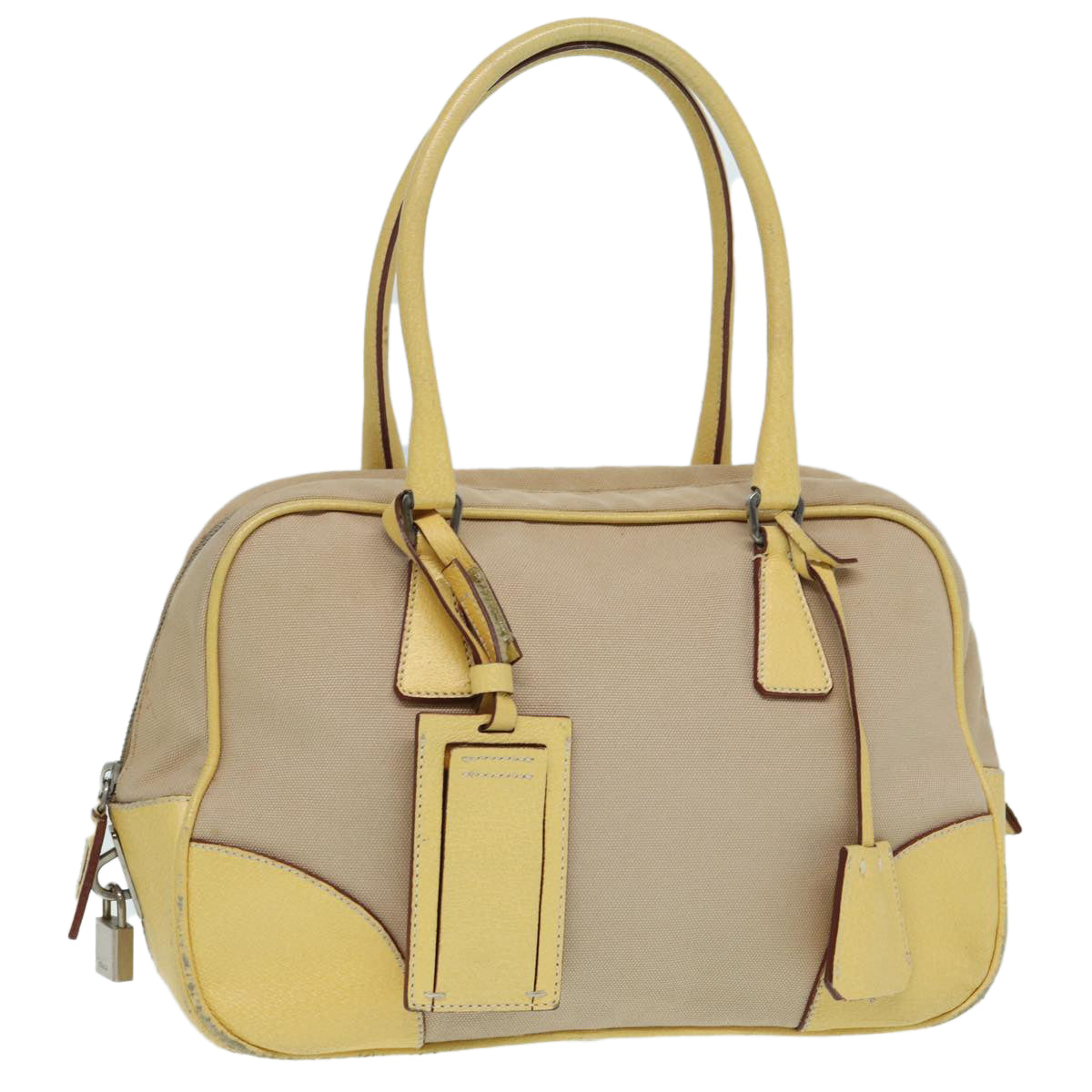 PRADA Hand Bag Canvas Beige Silver Auth
