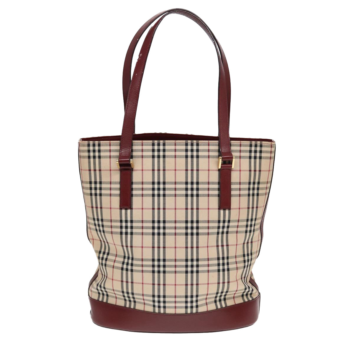 Burberry Nova Check Tote Bag Canvas Leather Beige Bordeaux Auth 87306