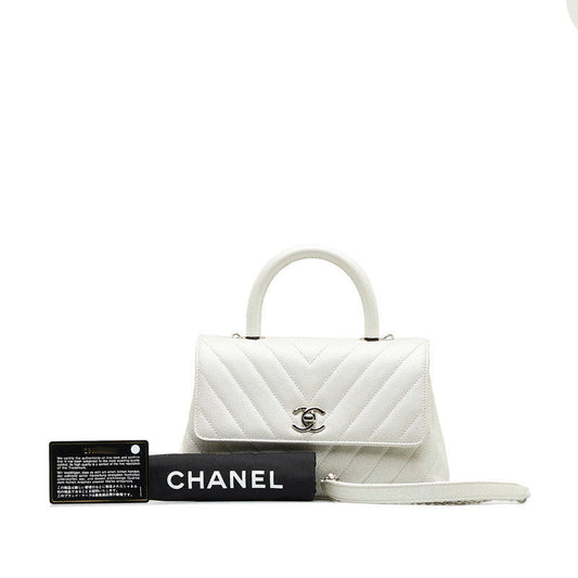 Chanel Chevron V tick Coco Handle HandBag Shoulder Bag 2WAY White Caviar S  Chanel