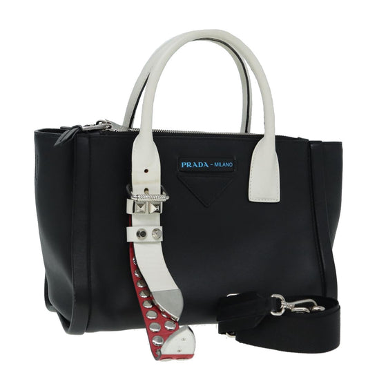 PRADA Hand Bag Leather 2way Black White Silver Auth