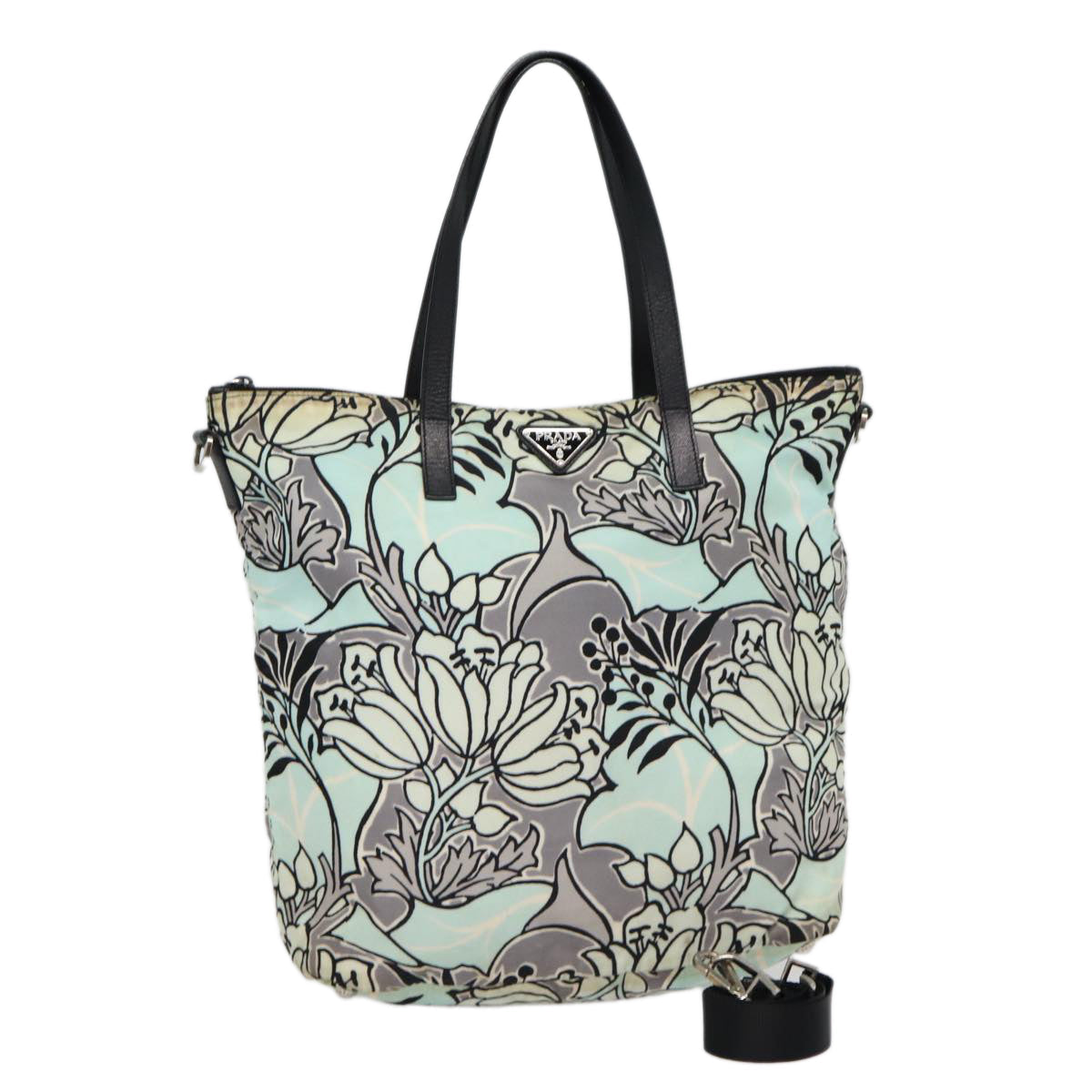 PRADA Flower Tote Bag Nylon 2way Light Blue Black Silver Auth