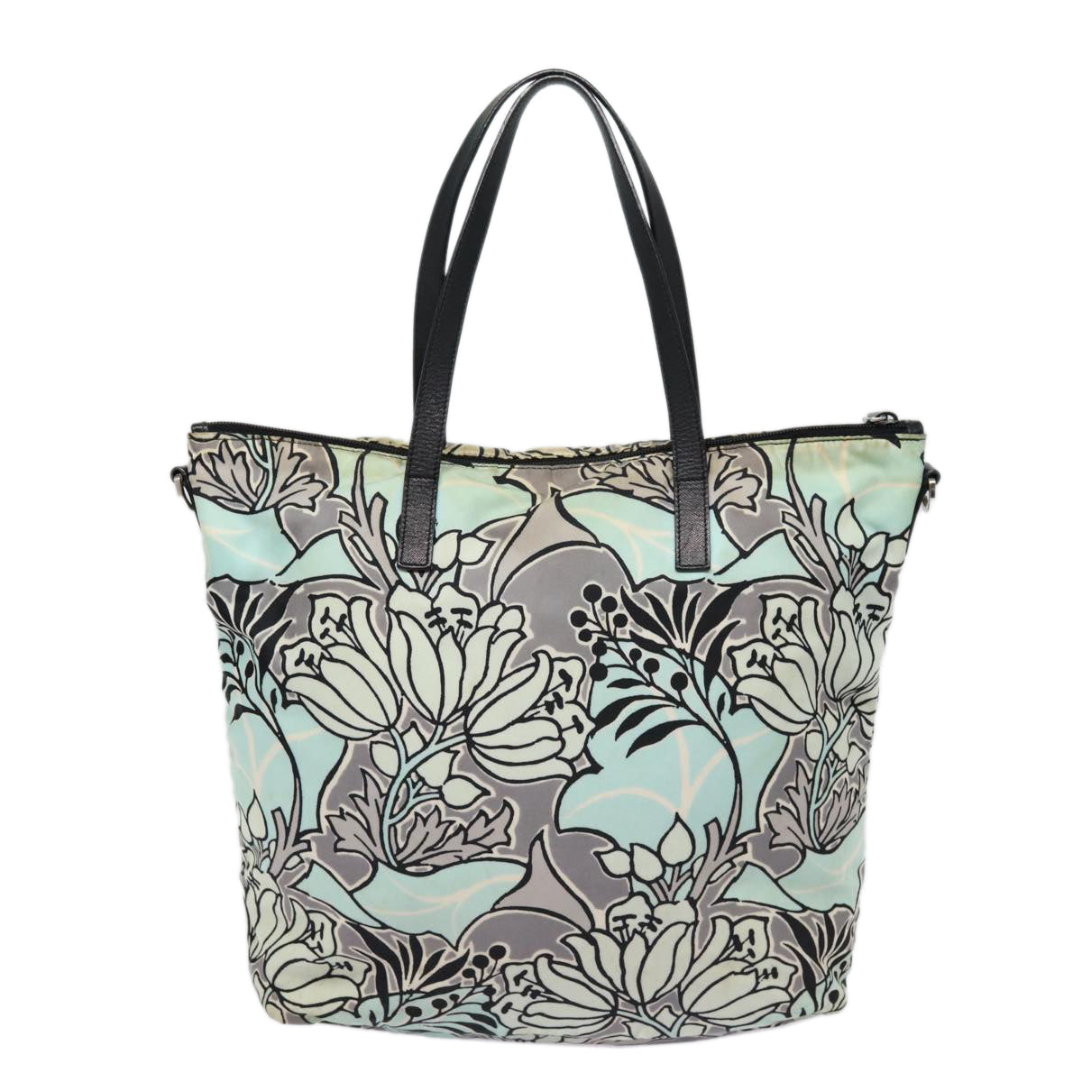 PRADA Flower Tote Bag Nylon 2way Light Blue Black Silver Auth