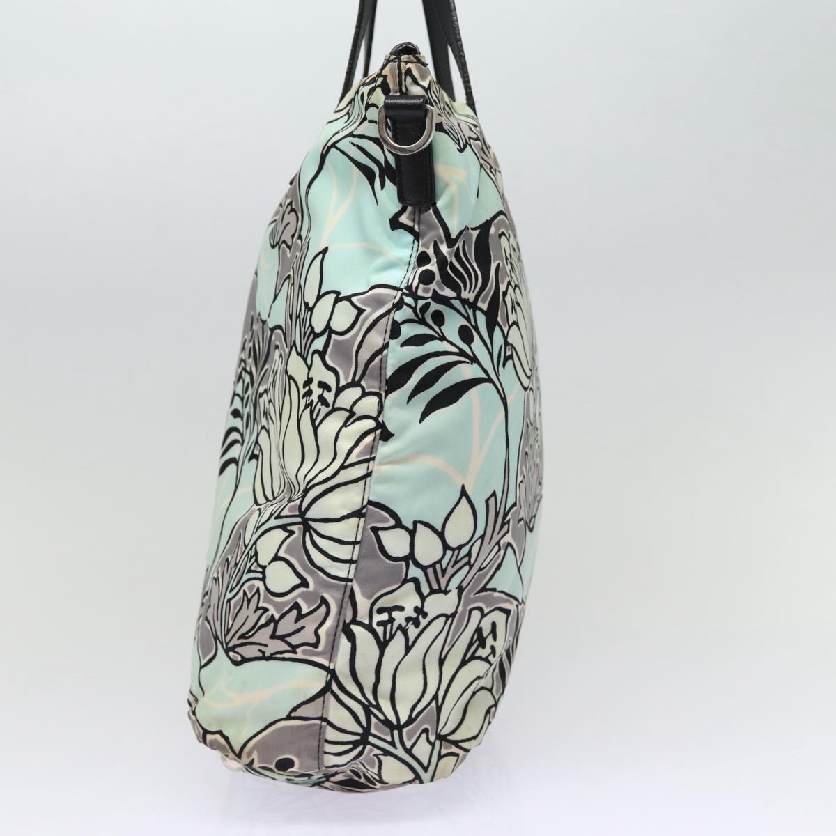 PRADA Flower Tote Bag Nylon 2way Light Blue Black Silver Auth