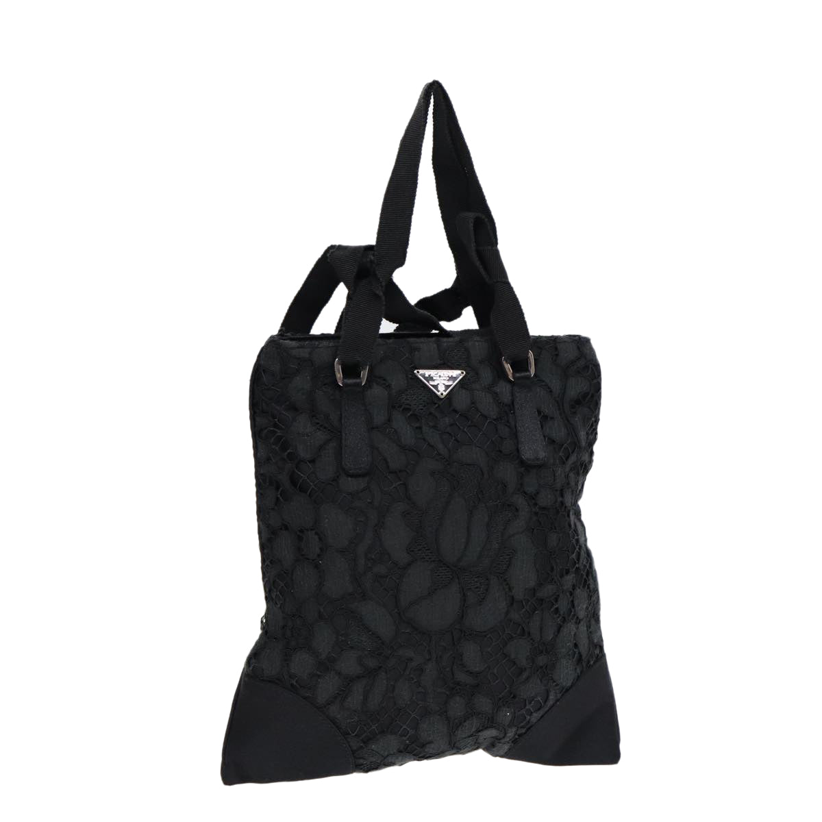 PRADA Hand Bag Satin Black Silver Auth