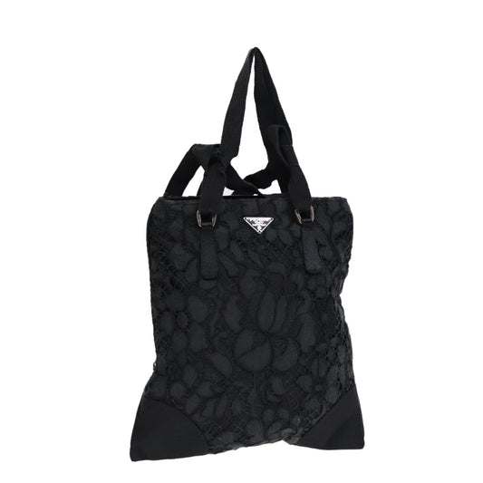PRADA Hand Bag Satin Black Silver Auth