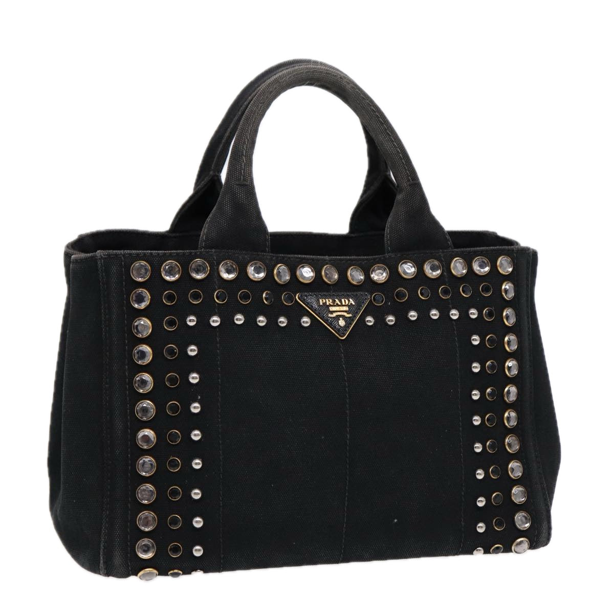 PRADA Bijoux Canapa PM Hand Bag Canvas Black Gold Auth