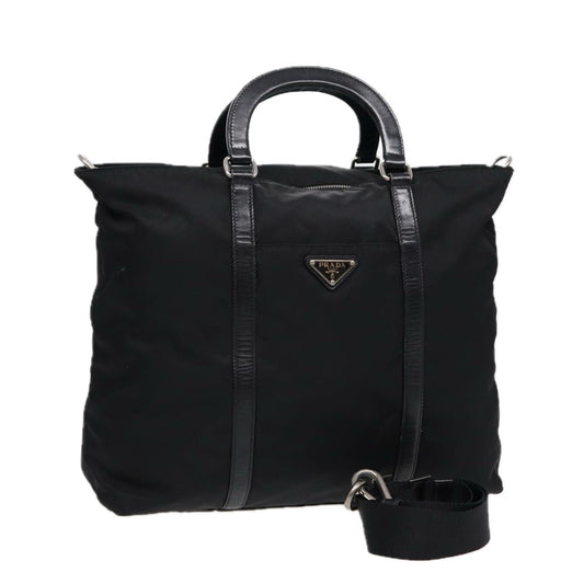 PRADA Hand Bag Nylon 2way Black Silver Auth