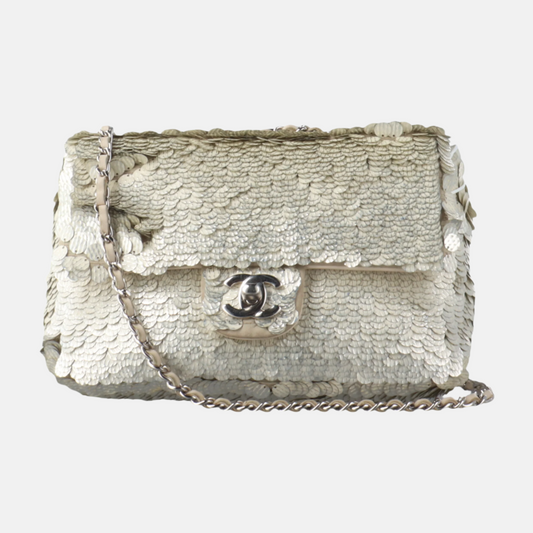 Chanel Paillette Flap Bag Rectangular Mini Glitter Sequins Neutral