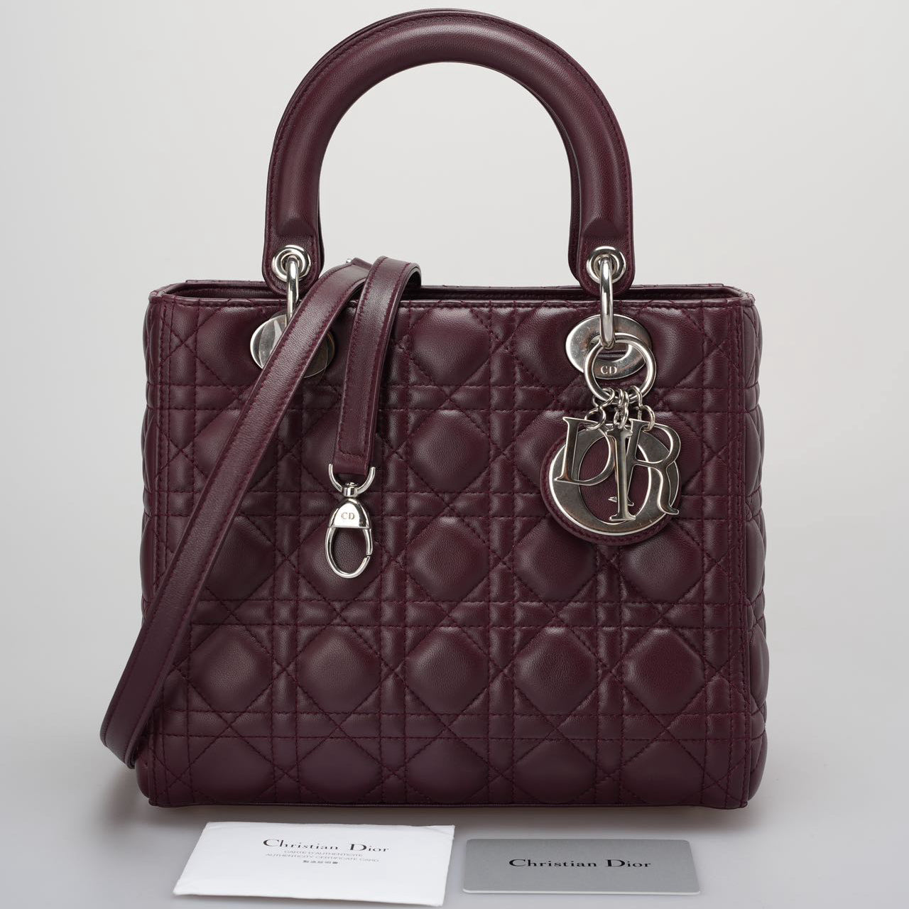 Christian Dior Burgundy Lady Dior Bag in Cannage Lambskin Leather with Silver Hardware Medium LP