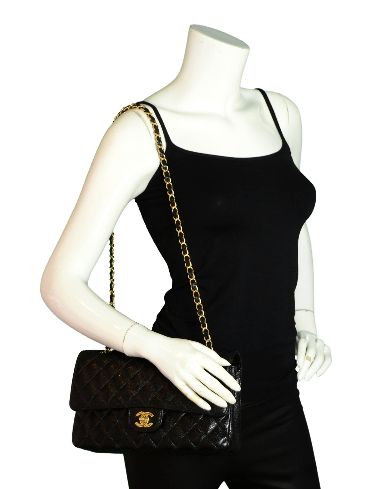 Chanel Black Caviar Leather 10" Medium Double Flap Classic Bag
