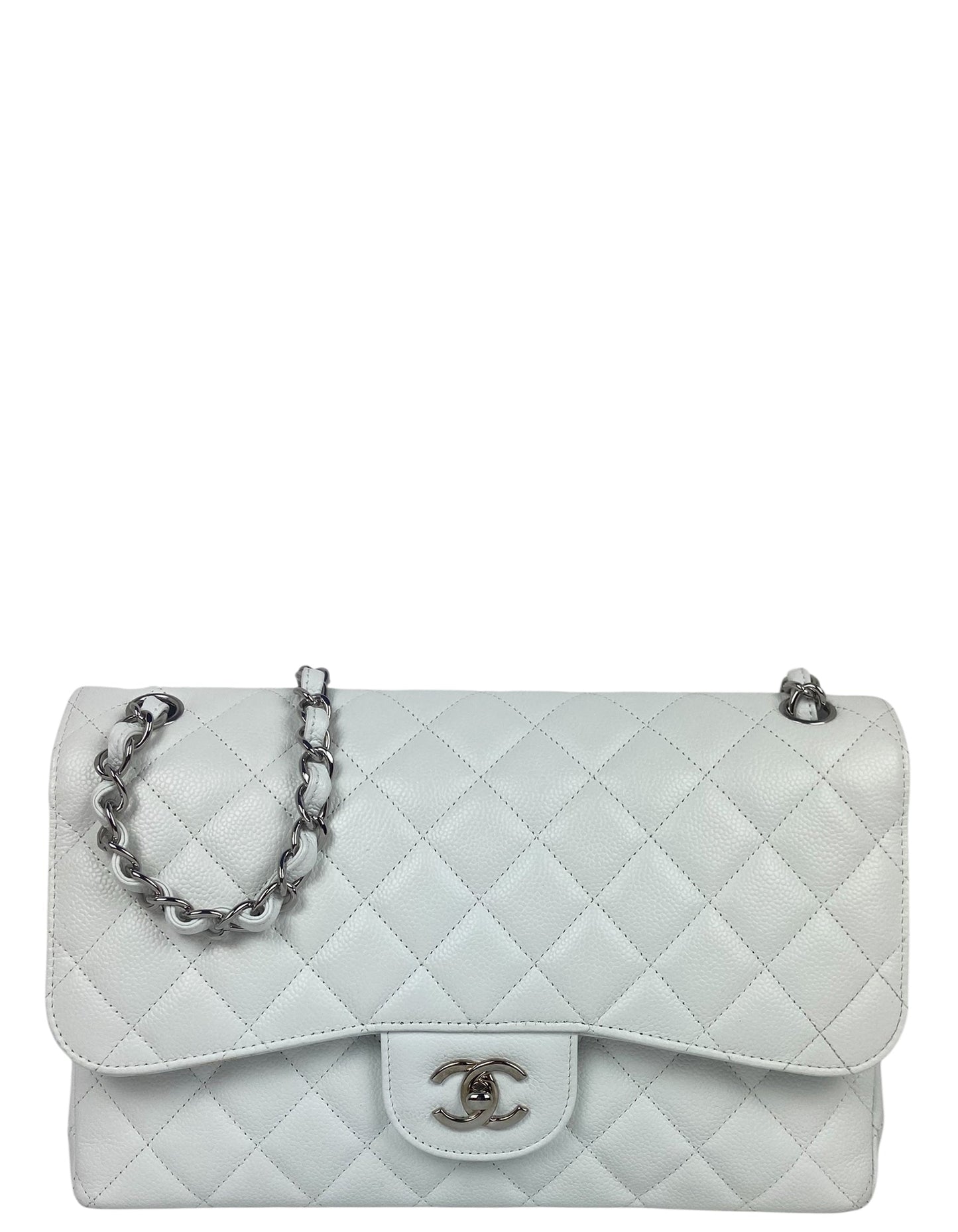 Chanel White Caviar Leather Single Flap Jumbo Bag