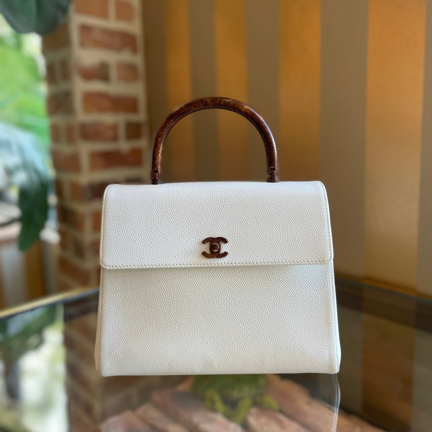CHANEL White Caviar Leather Wood Top Handle Coco Mark Satchel Handbag