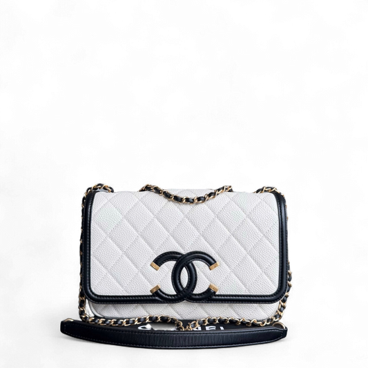 Chanel Filigree CC Small - Caviar Quilted Grained Calfskin White Black Gold Hardware Series 24