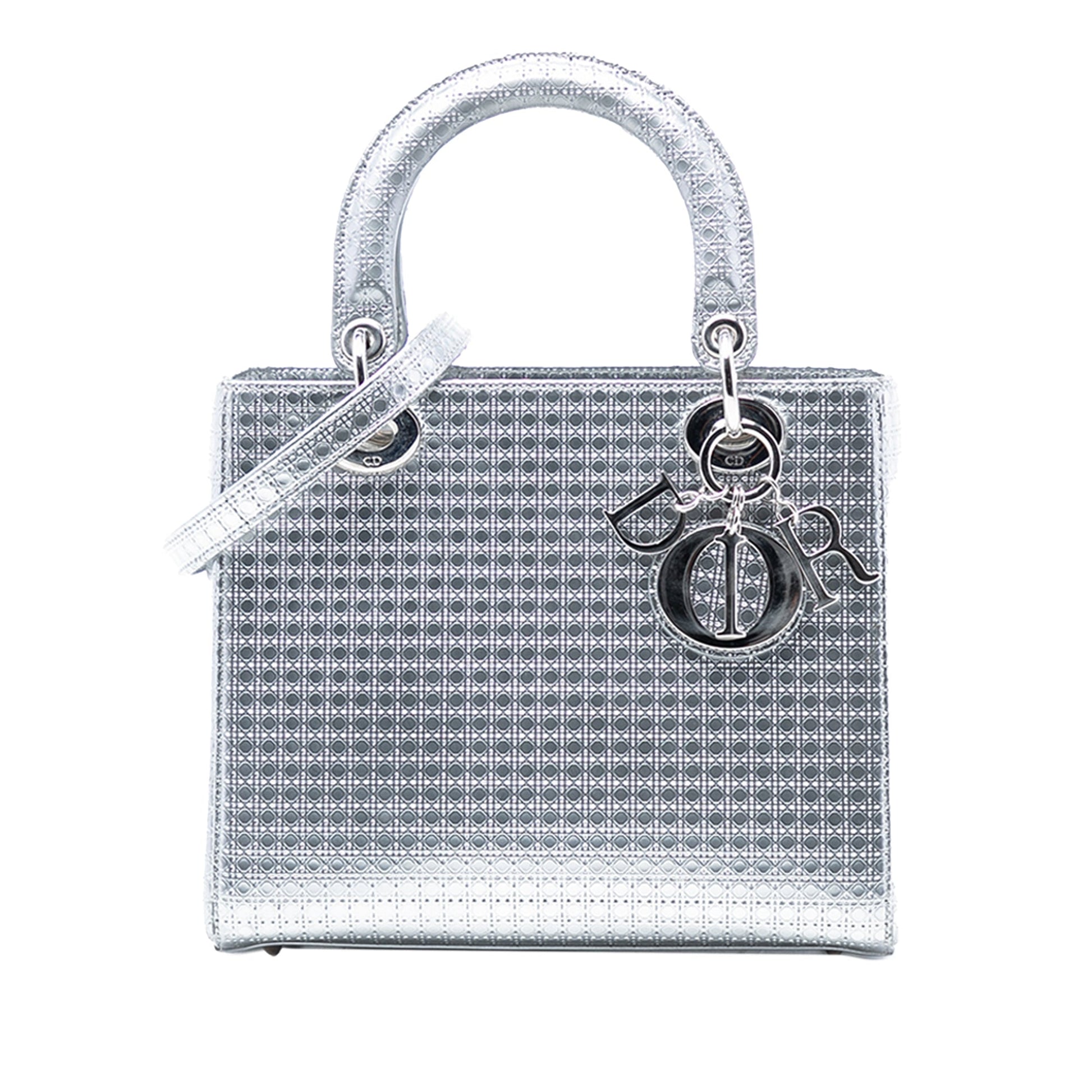 Silver Dior Medium Metallic Patent Microcannage Lady Dior Satchel