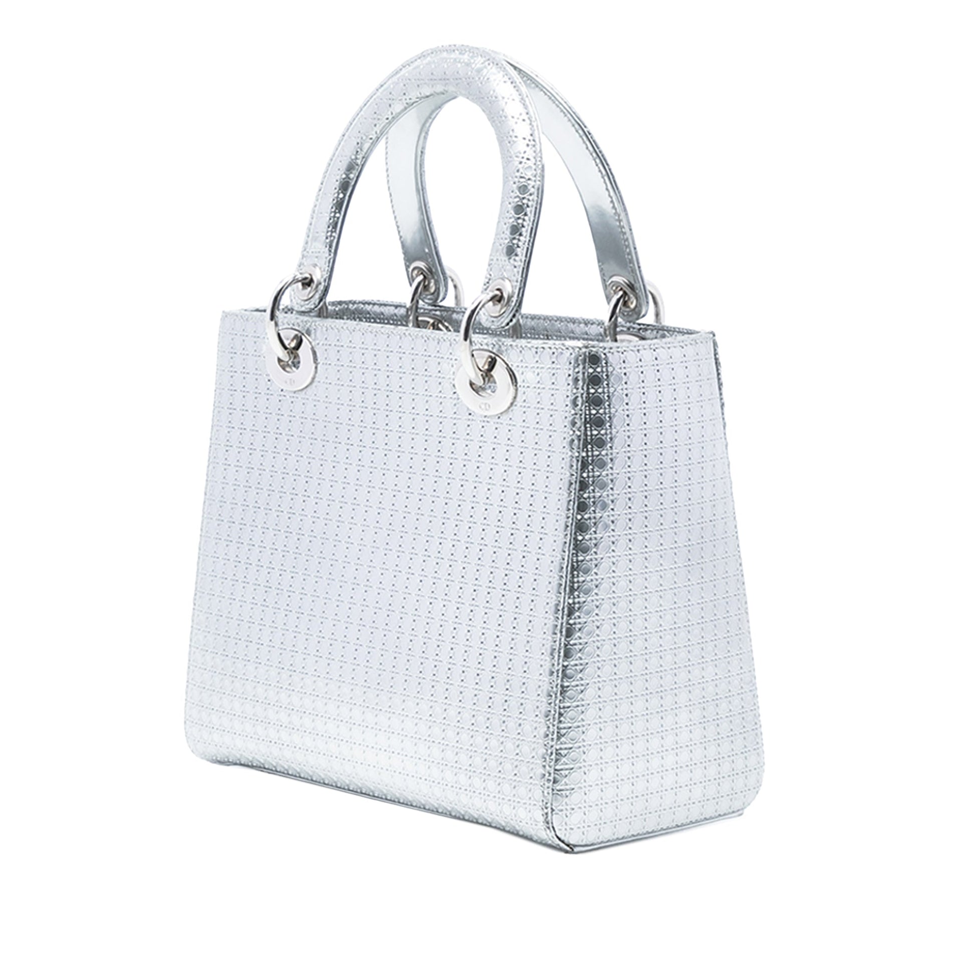 Silver Dior Medium Metallic Patent Microcannage Lady Dior Satchel