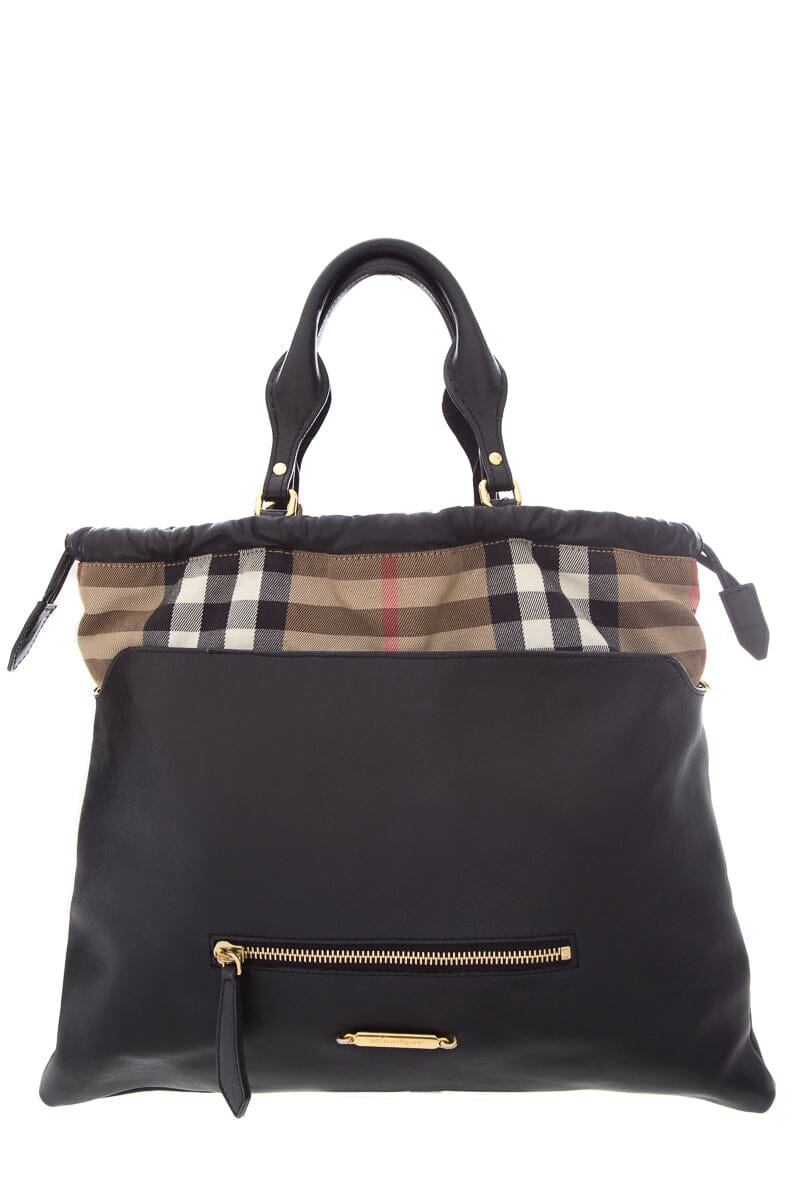 Burberry Ho Check Big Crush Black Leather Tote Bag