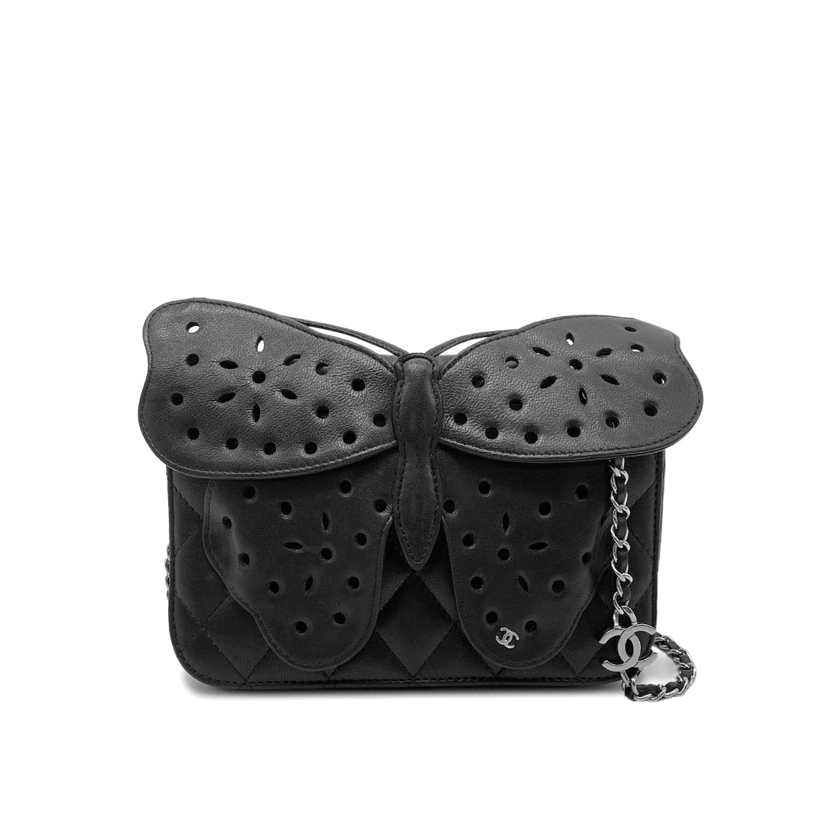 CHANEL BUTTERFLY PUNCHING POCHETTE CHAIN SHOULDER BAG BLACK LAMB SKIN 90274854