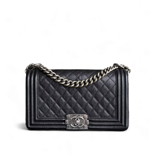 Chanel Boy Medium - Caviar Quilted Grained Calfskin Black Ruthenium Silver Hardware Series 23
