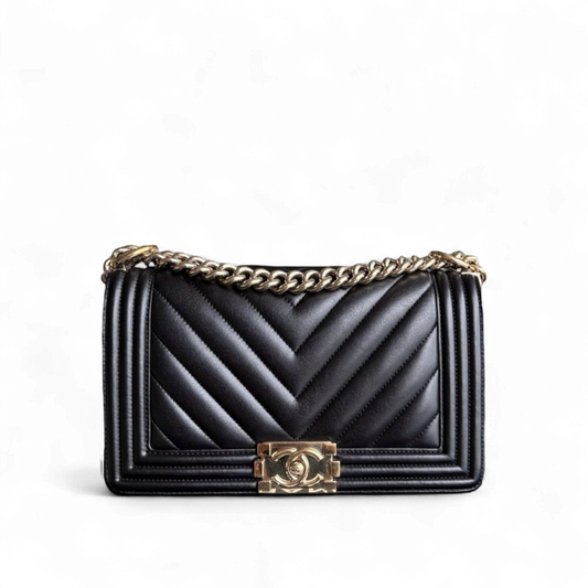 Chanel Boy Medium - 25CM Chevron Calfskin Black Aged Gold Hardware