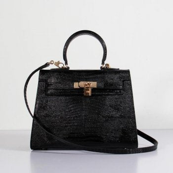 Luxury Hermes Kelly 25cm Lizard Leather Bag Black Gold