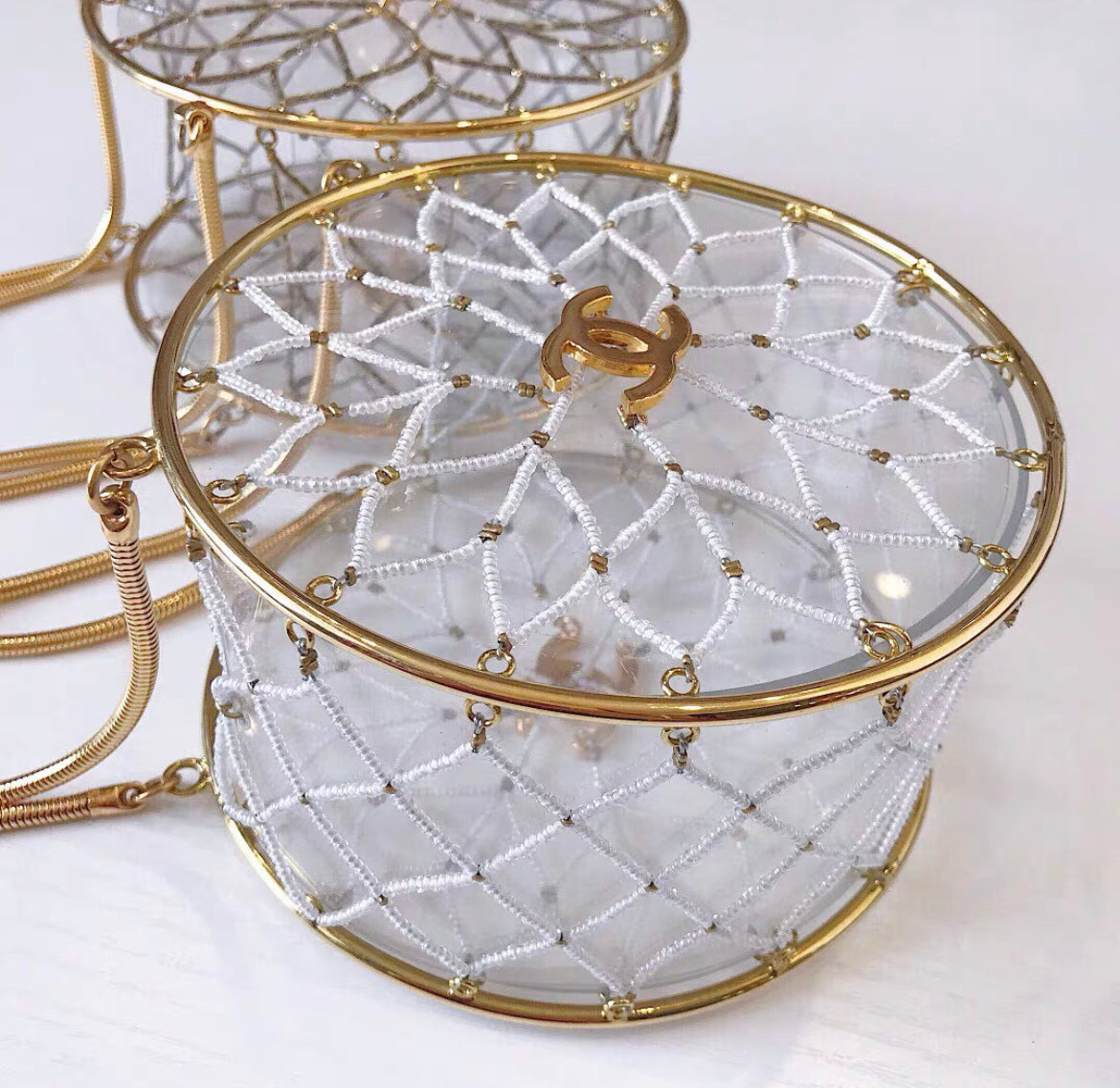 Chanel MinaudiÃ¨re Ultra Rare 1990 Beaded Gold Transparent Circle Micro Mini Bag