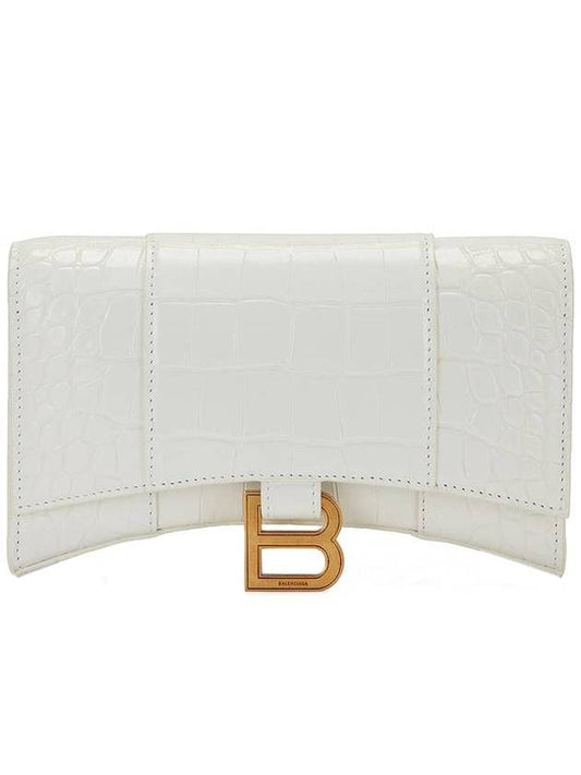 Luxury Balenciaga Trending 2026 Hourglass Chain Crocodile Embossed Calfskin Medium Wallet White