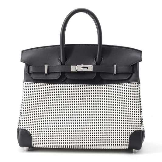 HERMES Birkin Caban/ Black/ White/ Ecru Toile Cadrille Swift Leather Size 25