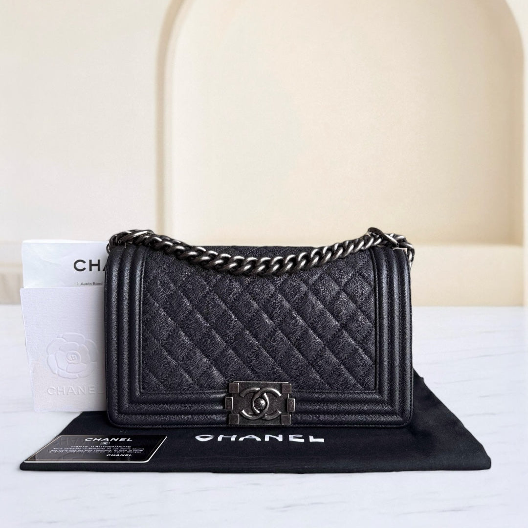 Chanel Boy Medium - Caviar 25CM Quilted Dark Grey Gray Ruthenium Silver Hardware Series 26