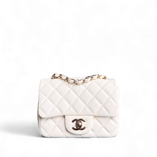 Chanel Classic Flap Mini Square - 17CM Quilted Lambskin White Gold Hardware Microchip