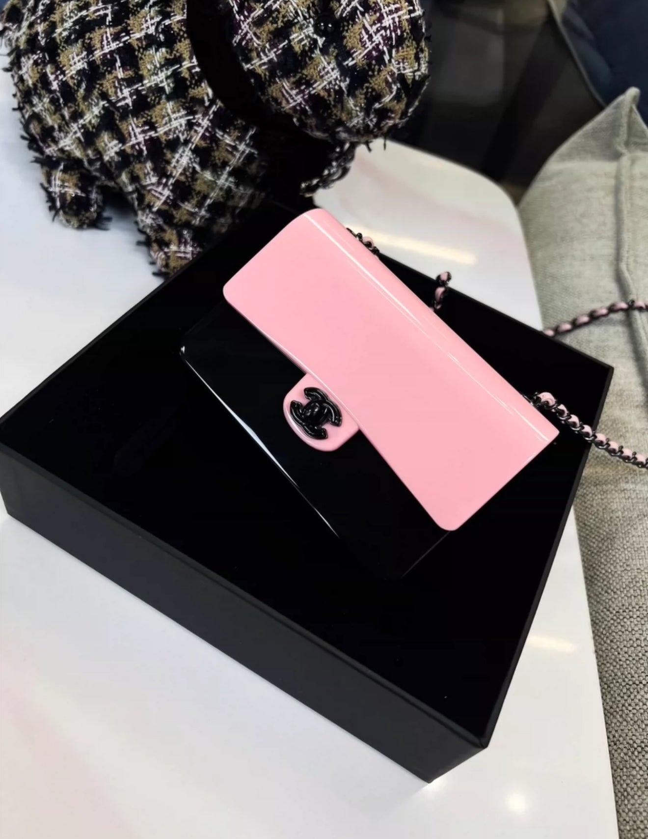 CHANEL 21K PINK BLACK MINI EVENING PLEXI BAG
